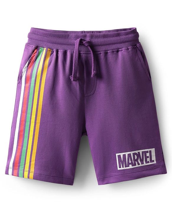 Pine Kids Marvel Single Jersey Knit Drop Shoulder Half Sleeves Oversized T-Shirt & Shorts Set With Avengers Graphics - Purple
