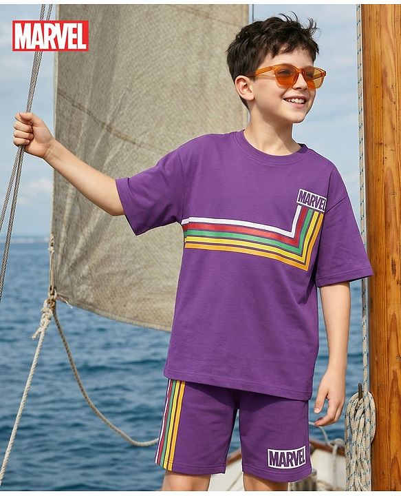 Pine Kids Marvel Single Jersey Knit Drop Shoulder Half Sleeves Oversized T-Shirt & Shorts Set With Avengers Graphics - Purple
