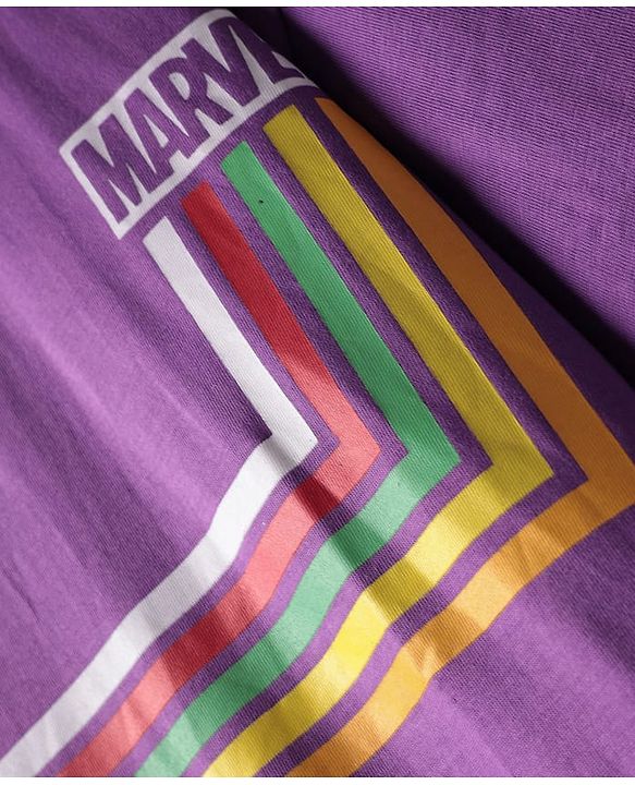Pine Kids Marvel Single Jersey Knit Drop Shoulder Half Sleeves Oversized T-Shirt & Shorts Set With Avengers Graphics - Purple