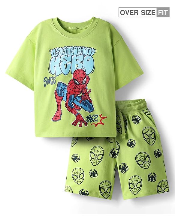 Pine Kids Marvel Single Jersey Knit Drop Shoulder Half Sleeves Oversized T-Shirt & Shorts Set With Spider-Man Graphics - Green