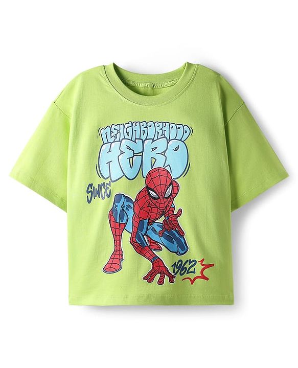 Pine Kids Marvel Single Jersey Knit Drop Shoulder Half Sleeves Oversized T-Shirt & Shorts Set With Spider-Man Graphics - Green
