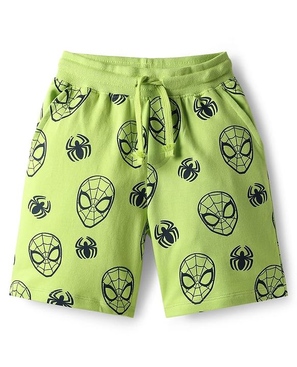 Pine Kids Marvel Single Jersey Knit Drop Shoulder Half Sleeves Oversized T-Shirt & Shorts Set With Spider-Man Graphics - Green