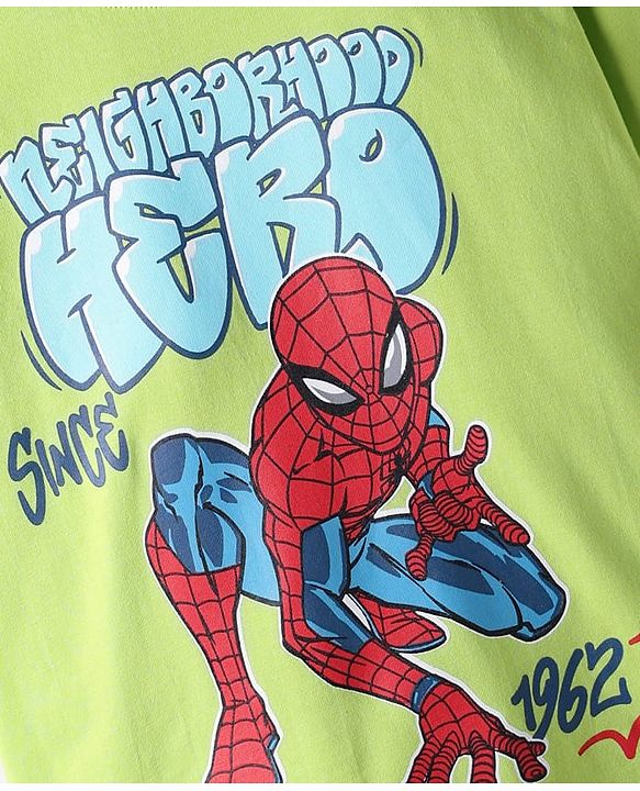 Pine Kids Marvel Single Jersey Knit Drop Shoulder Half Sleeves Oversized T-Shirt & Shorts Set With Spider-Man Graphics - Green