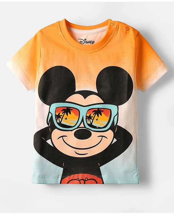 Babyhug Disney Single Jersey Knit Half Sleeves Ombre T-Shirt & Shorts With Mickey Mouse Graphics - Orange
