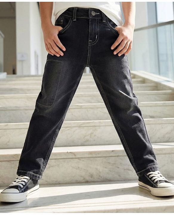 Pine Kids Woven Full Length Washed Denim Jeans - Black