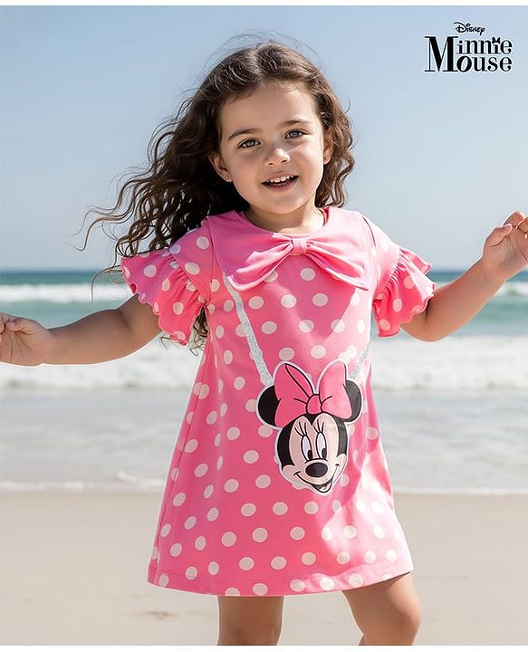 Babyhug Disney Single Jersey Knit Half Sleeves Dress with Minnie Mouse Applique and Graphics - Pink