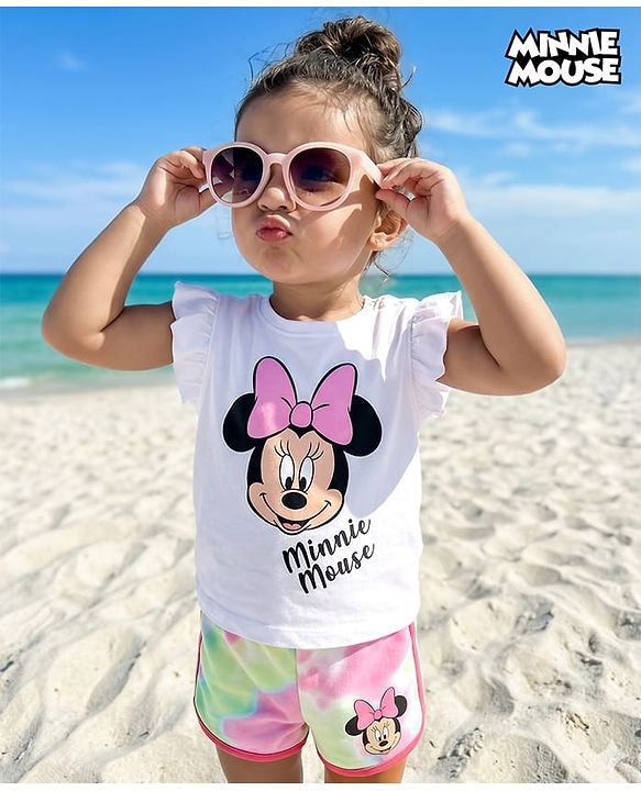 Babyhug Disney Single Jersey Knit Frill Sleeves T-Shirt & Shorts With Minnie Mouse Graphics - White & Pink