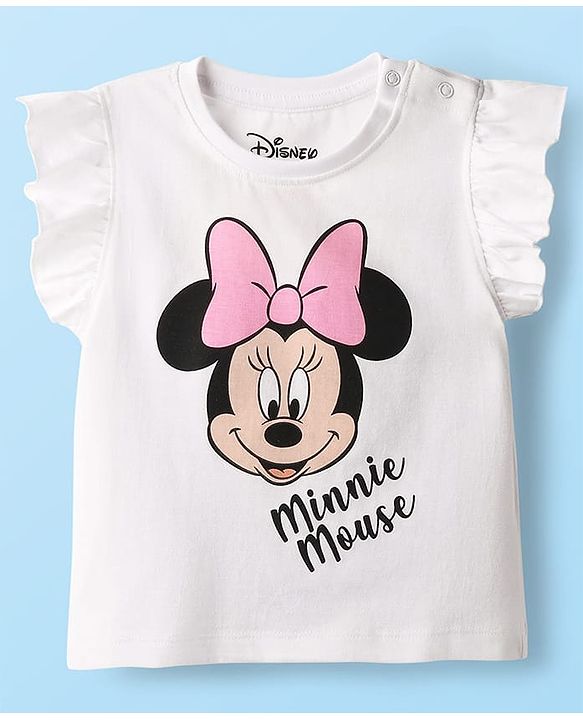 Babyhug Disney Single Jersey Knit Frill Sleeves T-Shirt & Shorts With Minnie Mouse Graphics - White & Pink