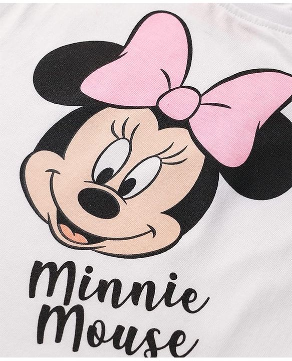 Babyhug Disney Single Jersey Knit Frill Sleeves T-Shirt & Shorts With Minnie Mouse Graphics - White & Pink