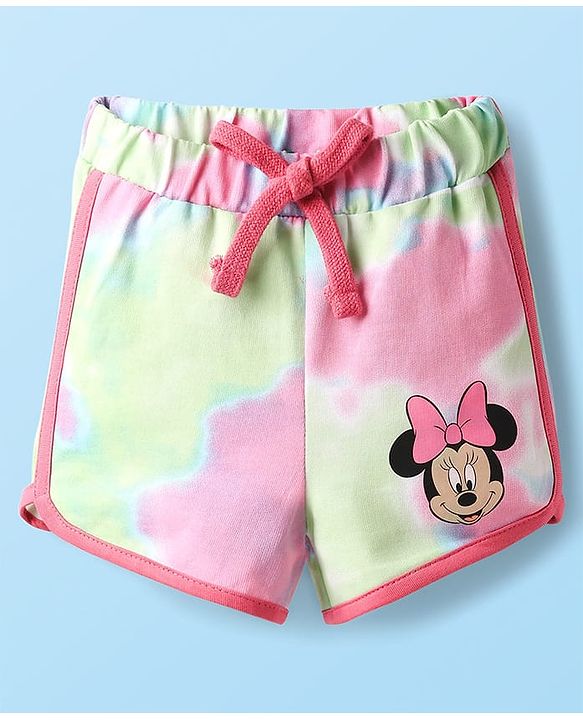 Babyhug Disney Single Jersey Knit Frill Sleeves T-Shirt & Shorts With Minnie Mouse Graphics - White & Pink