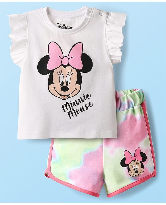 Babyhug Disney Single Jersey Knit Frill Sleeves T-Shirt & Shorts With Minnie Mouse Graphics - White & Pink