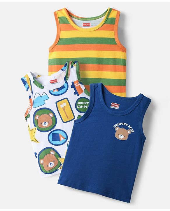 Babyhug 100% Cotton Sandos with Bear Print & Stripes Pack of 3 - Yellow Navy Blue & White