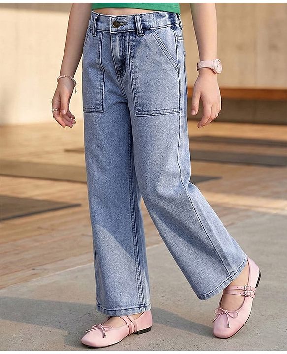 Pine Kids Woven Full Length Washed Denim Jeans - Light Blue