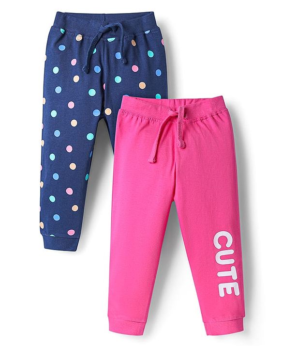 Babyhug Single Jersey Knit Full Length Lounge Pant With Polka Dots & Text Print Pack Of 2 - Pink & Navy Blue
