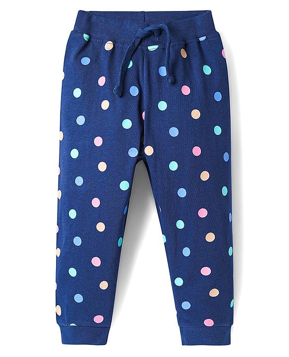 Babyhug Single Jersey Knit Full Length Lounge Pant With Polka Dots & Text Print Pack Of 2 - Pink & Navy Blue