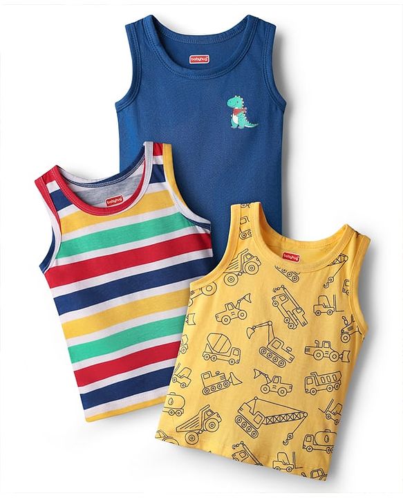 Babyhug 100% Cotton Single Jersey Knit Sleeveless Anti Bacterial Sando with Vehicle Dino & Stripe Print Pack of 3 - Yellow Blue & Red
