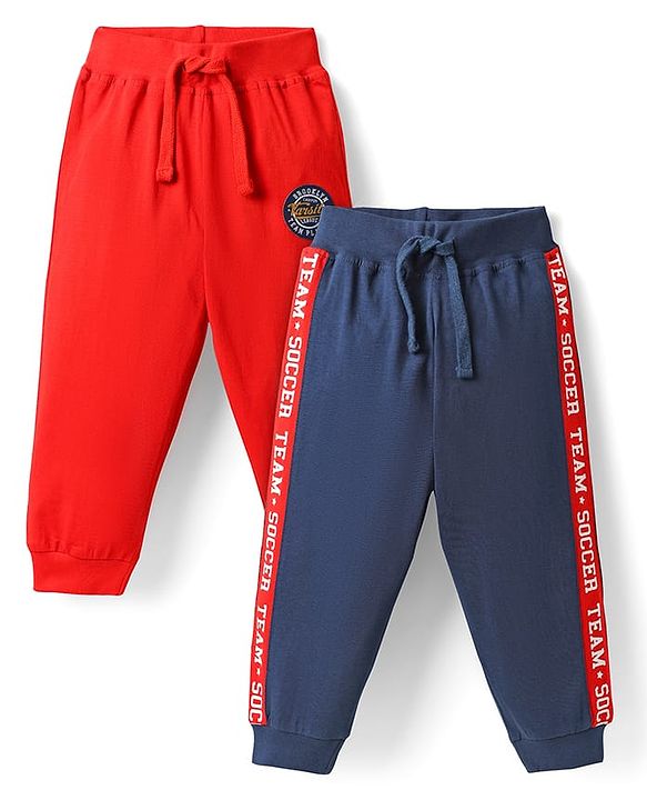 Babyhug Single Jersey Knit Full Length Lounge Pant With Tape Detailing Pack Of 2 - Red & Navy Blue
