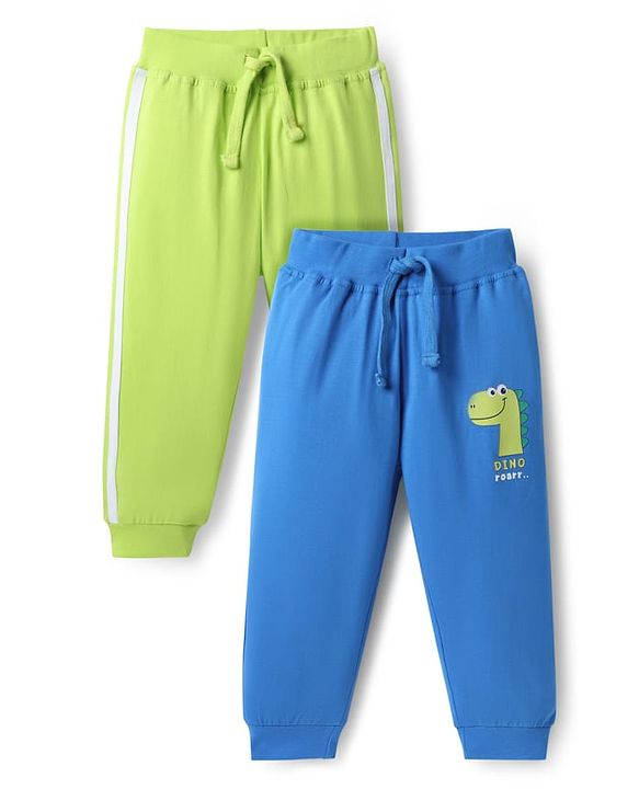 Babyhug Single Jersey Knit Lounge Pant Wit Dino Print & Tape Detailing Pack Of 2 - Blue & Light Green