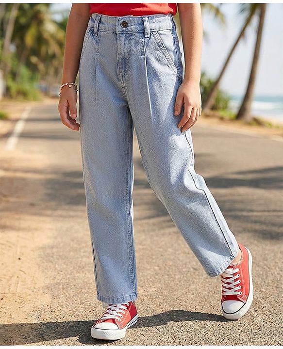Pine Kids Woven Full Length Washed Denim Jeans - Light Blue