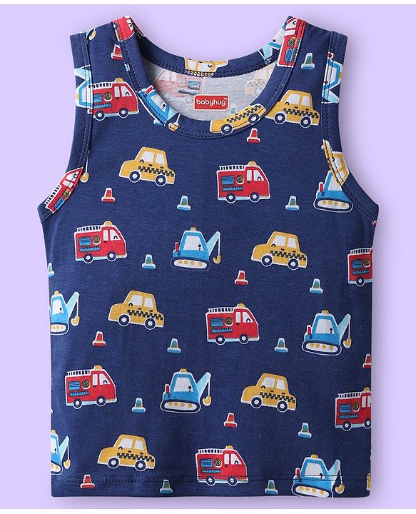 Babyhug 100% Cotton Knit Sleeveless Antibacterial Sando with Vehicle Print Pack of 3 - White Light Blue & Navy Blue