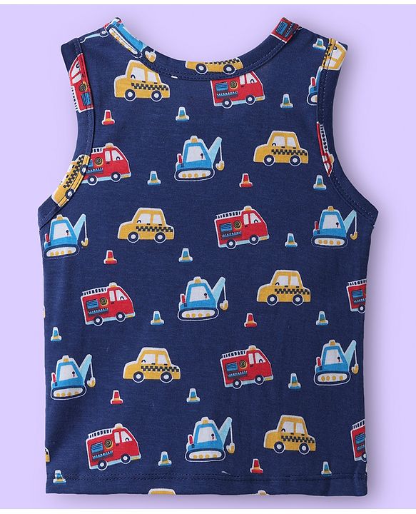 Babyhug 100% Cotton Knit Sleeveless Antibacterial Sando with Vehicle Print Pack of 3 - White Light Blue & Navy Blue