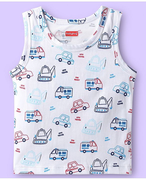Babyhug 100% Cotton Knit Sleeveless Antibacterial Sando with Vehicle Print Pack of 3 - White Light Blue & Navy Blue