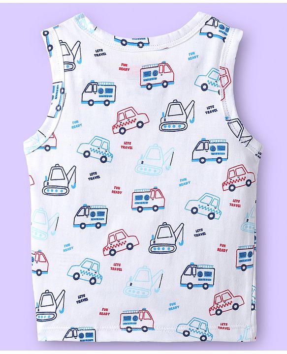 Babyhug 100% Cotton Knit Sleeveless Antibacterial Sando with Vehicle Print Pack of 3 - White Light Blue & Navy Blue