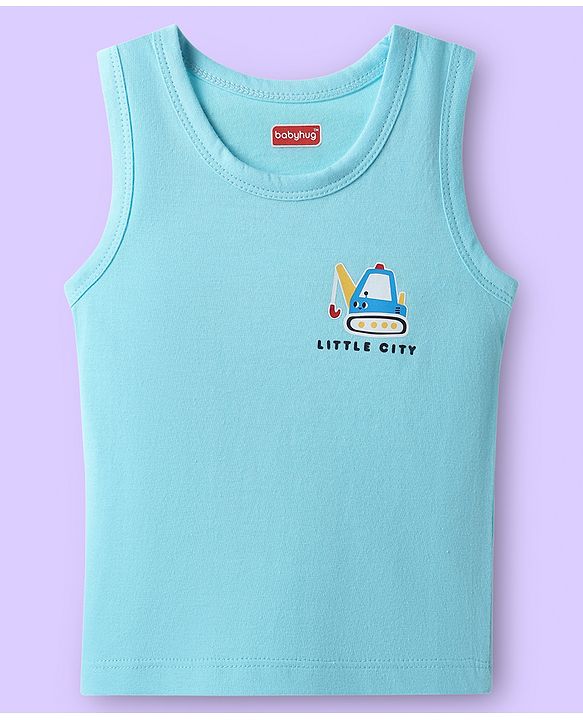 Babyhug 100% Cotton Knit Sleeveless Antibacterial Sando with Vehicle Print Pack of 3 - White Light Blue & Navy Blue
