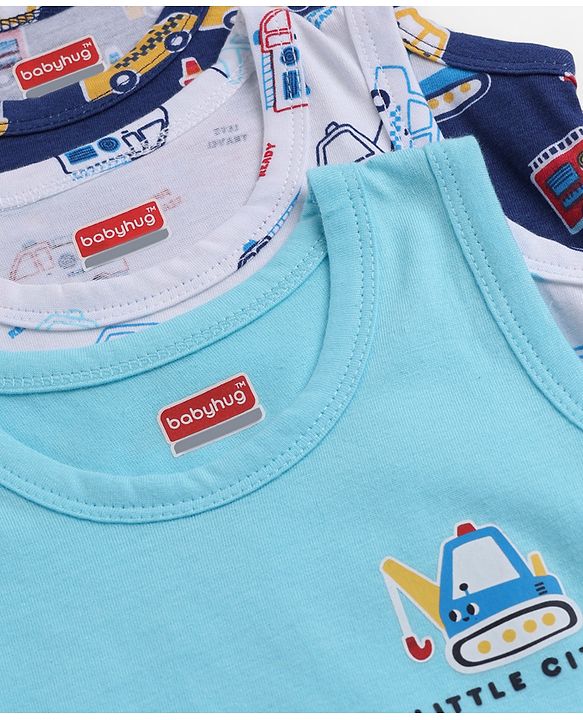 Babyhug 100% Cotton Knit Sleeveless Antibacterial Sando with Vehicle Print Pack of 3 - White Light Blue & Navy Blue