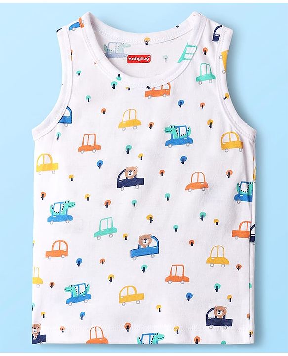 Babyhug 100% Cotton Single Jersey Knit Sleeveless Antibacterial Sando Vest with Stripe Design & Cars Print Pack of 3 - White Light Blue & Blue