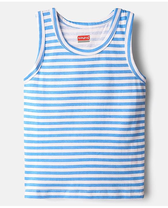 Babyhug 100% Cotton Single Jersey Knit Sleeveless Antibacterial Sando Vest with Stripe Design & Cars Print Pack of 3 - White Light Blue & Blue