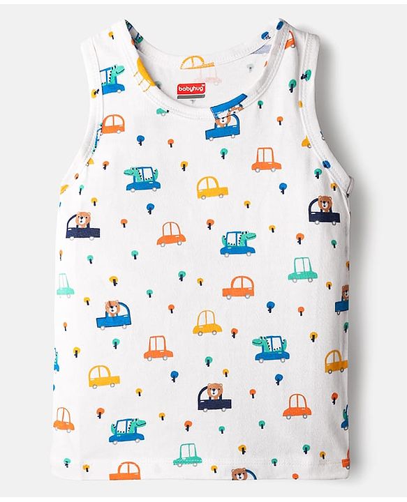 Babyhug 100% Cotton Single Jersey Knit Sleeveless Antibacterial Sando Vest with Stripe Design & Cars Print Pack of 3 - White Light Blue & Blue