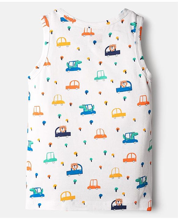 Babyhug 100% Cotton Single Jersey Knit Sleeveless Antibacterial Sando Vest with Stripe Design & Cars Print Pack of 3 - White Light Blue & Blue