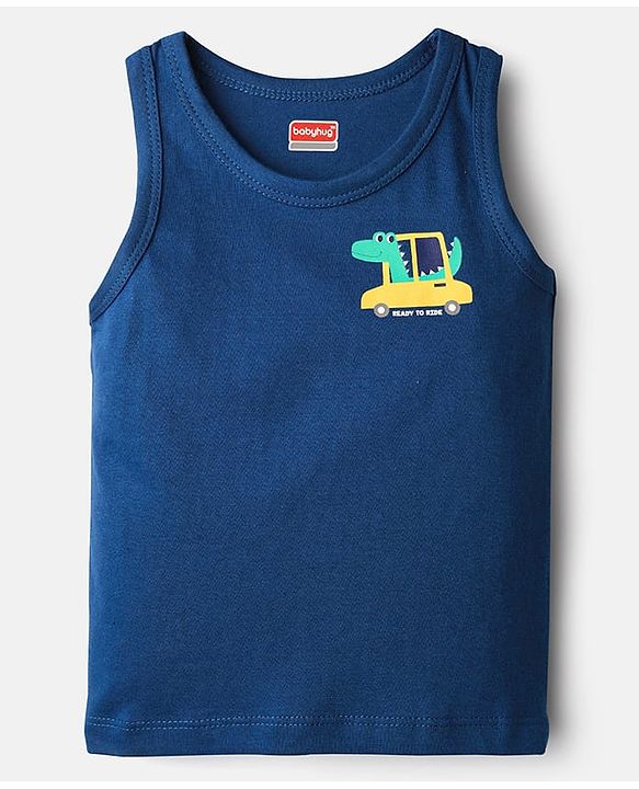 Babyhug 100% Cotton Single Jersey Knit Sleeveless Antibacterial Sando Vest with Stripe Design & Cars Print Pack of 3 - White Light Blue & Blue