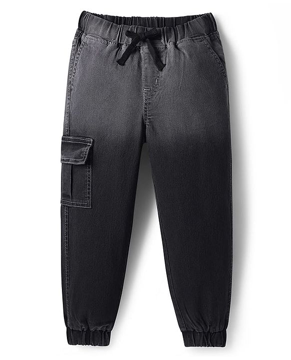 Pine Kids Woven Full Length Washed Denim Jeans With Cargo Pocket - Black