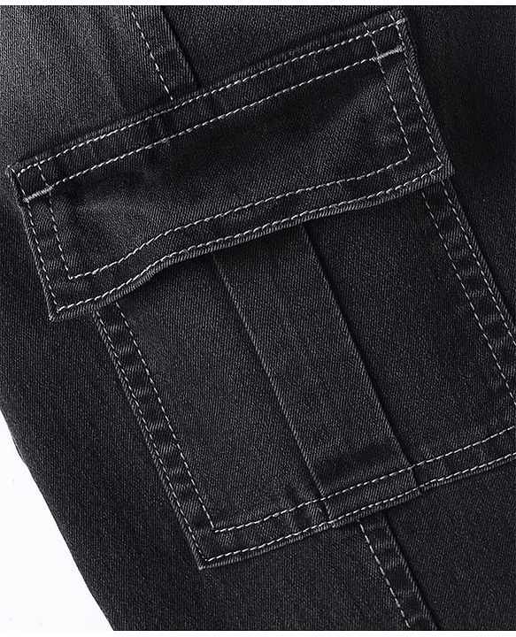 Pine Kids Woven Full Length Washed Denim Jeans With Cargo Pocket - Black