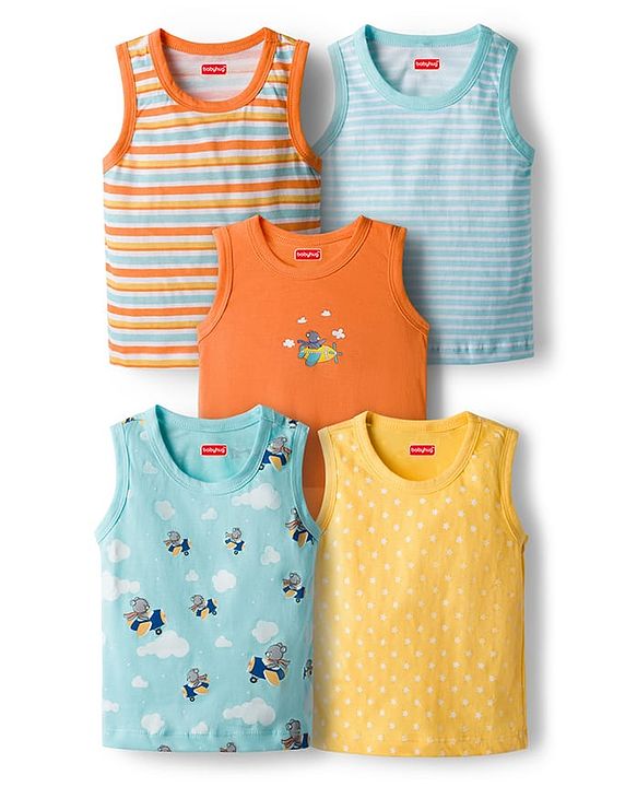 Babyhug 100% Cotton Knit Antibacterial Sando with Stripes Vehicle & Animal Print Pack of 5 - Blue Orange & Yellow