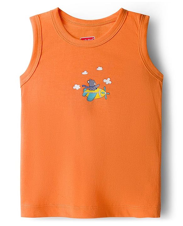 Babyhug 100% Cotton Knit Antibacterial Sando with Stripes Vehicle & Animal Print Pack of 5 - Blue Orange & Yellow