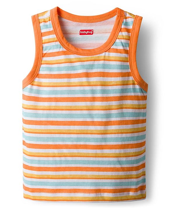 Babyhug 100% Cotton Knit Antibacterial Sando with Stripes Vehicle & Animal Print Pack of 5 - Blue Orange & Yellow