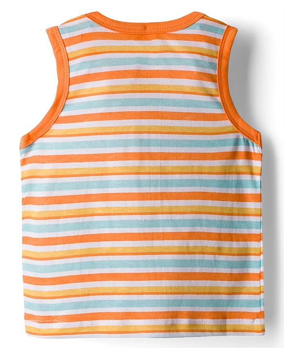 Babyhug 100% Cotton Knit Antibacterial Sando with Stripes Vehicle & Animal Print Pack of 5 - Blue Orange & Yellow