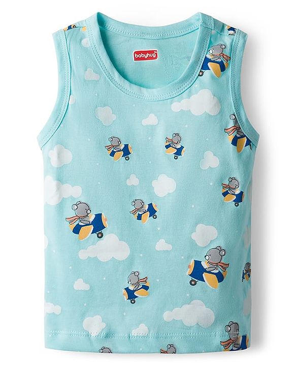 Babyhug 100% Cotton Knit Antibacterial Sando with Stripes Vehicle & Animal Print Pack of 5 - Blue Orange & Yellow