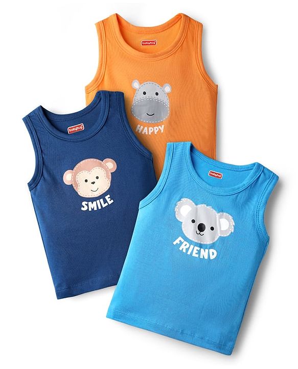 Babyhug 100% Cotton Knit Antibacterial Sleeveless Sandos with Animal Print Pack of 3 - Orange Navy & Light Blue