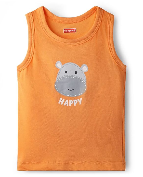 Babyhug 100% Cotton Knit Antibacterial Sleeveless Sandos with Animal Print Pack of 3 - Orange Navy & Light Blue