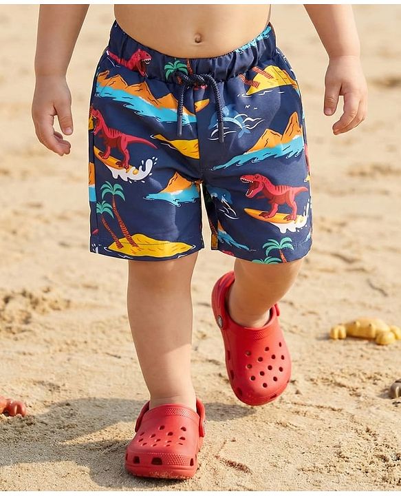 Babyhug Cotton Woven Dino Printed Swimming Trunk - Navy Blue