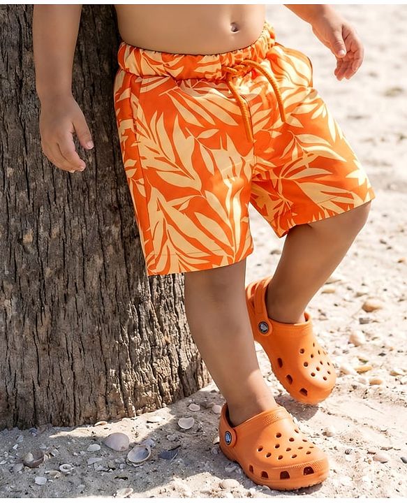Babyhug Woven Mid Thigh Length Quick Dry Trunk with Leaves Print - Orange