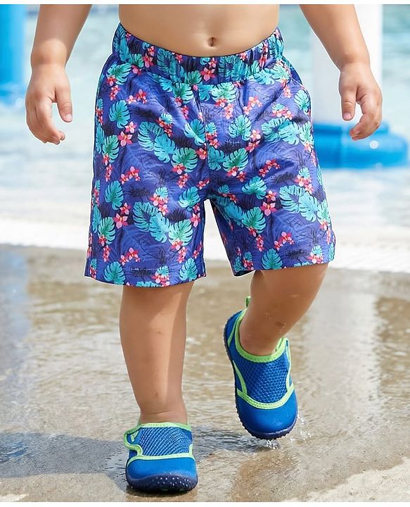 Babyhug Cotton Woven Tropical Printed Swimming Trunk - Blue