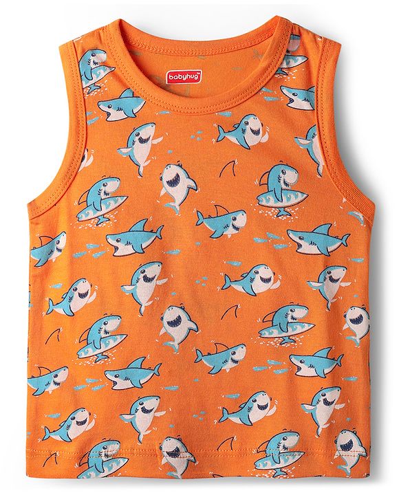 Babyhug 100% Cotton Knit Sleeveless Antibacterial Sando with Strips Stars & Shark Print Pack of 5 - Navy Blue & Orange