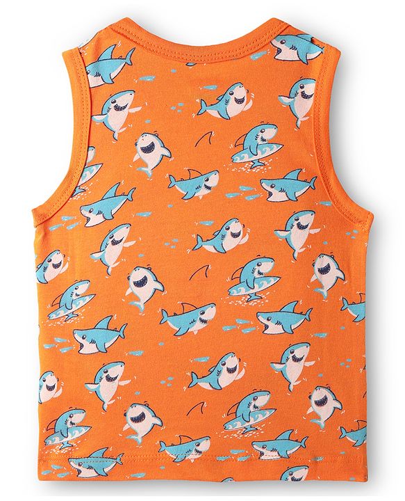Babyhug 100% Cotton Knit Sleeveless Antibacterial Sando with Strips Stars & Shark Print Pack of 5 - Navy Blue & Orange