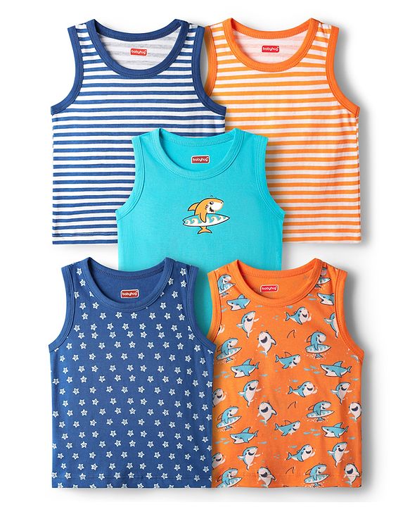 Babyhug 100% Cotton Knit Sleeveless Antibacterial Sando with Strips Stars & Shark Print Pack of 5 - Navy Blue & Orange