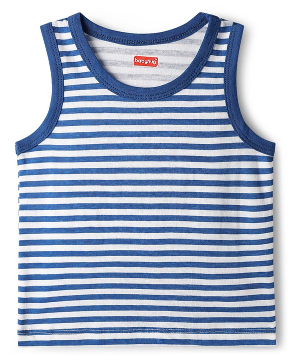 Babyhug 100% Cotton Knit Sleeveless Antibacterial Sando with Strips Stars & Shark Print Pack of 5 - Navy Blue & Orange